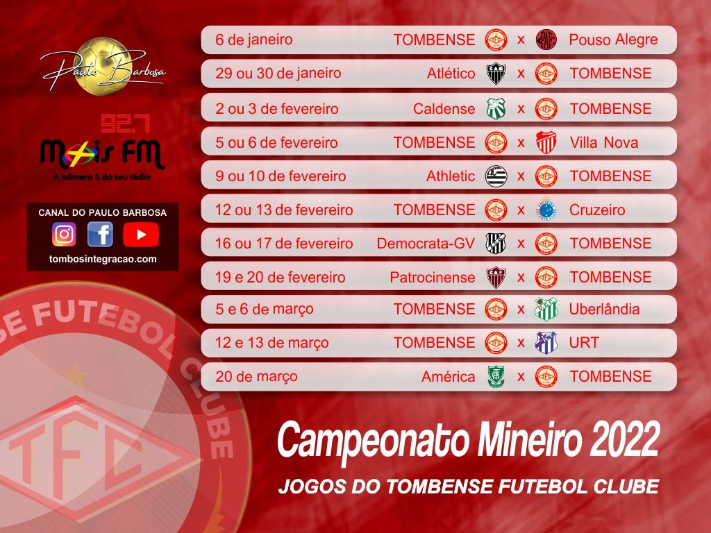 Carangola NotíciasTOMBENSE DISPUTA RECOPA E INICIA CAMPEONATO MINEIRO EM  JANEIRO CONTRA O POUSO ALEGRE; CLIQUE E CONFIRA A TABELA DO MINEIRO 2022 E  INFORMAÇÕES DO TIME - Carangola Notícias